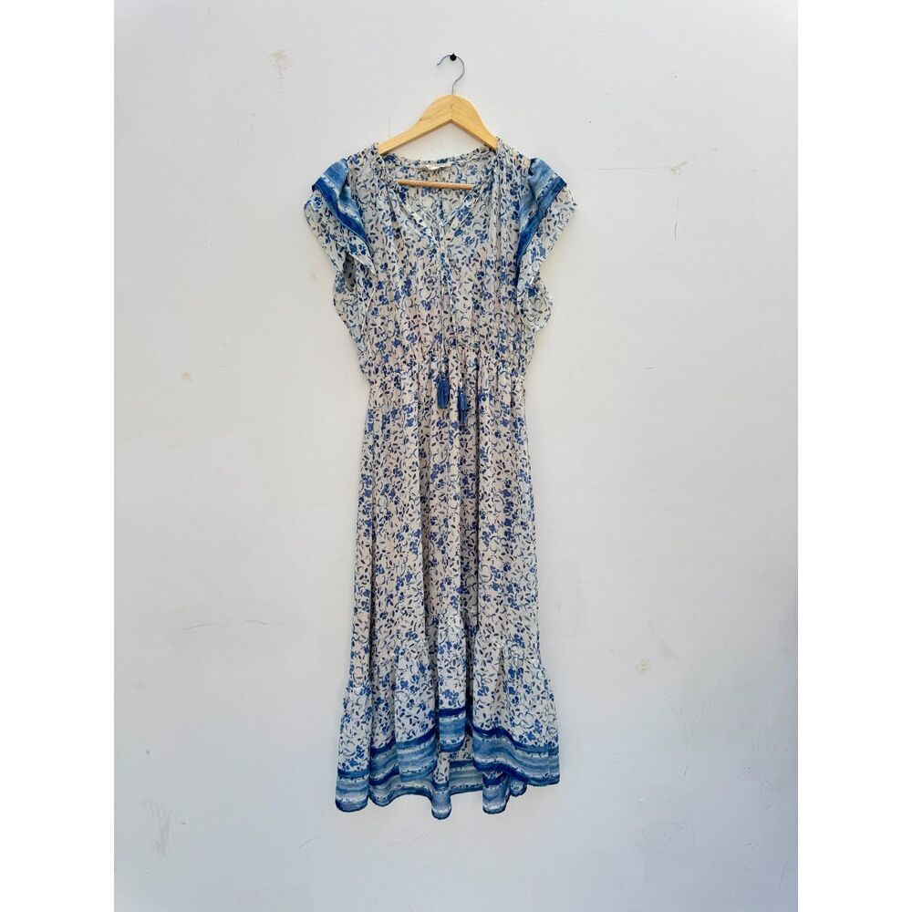 Lovestitch Blue Floral Maxi Dress Size M Tassel Tie Waist Boho Flutter Sleeve